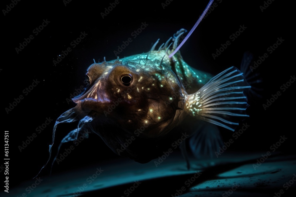deep-sea anglerfish with bioluminescent lure, waiting for its next meal ...