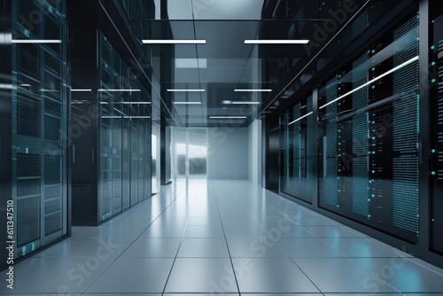 data center in futuristic  high-tech setting with glass walls and sleek metal accents  created with generative ai
