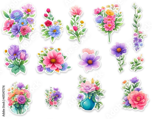 Set of sticker  A detailed watercolor illustration Bouquet of flowers