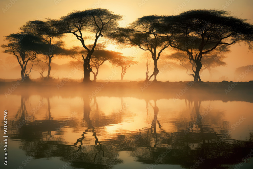 Sunrise sun reflecting trees along a pond - obrazy, fototapety, plakaty 