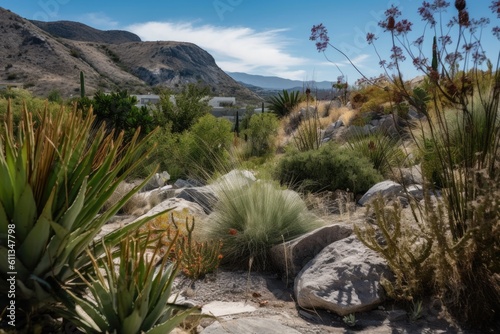 mountain view with drought-tolerant plants and clear blue skies, created with generative ai