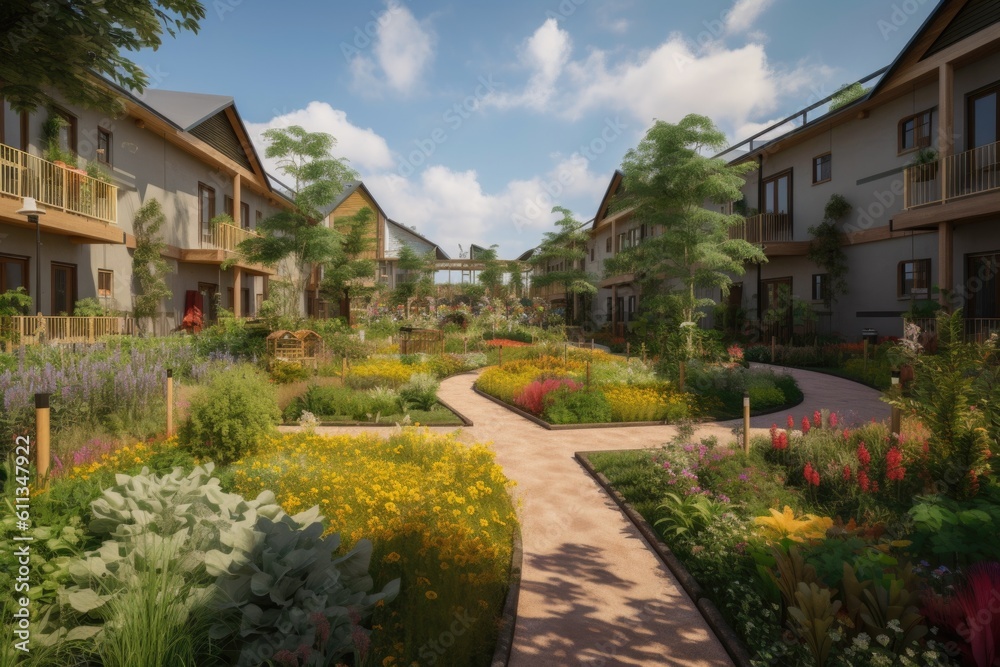 ecoworld of eco-friendly accommodations, with vegetable and flower gardens, surrounding the buildings, created with generative ai