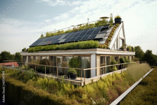 eco-friendly hotel with solar panels and vegetable garden on the roof  created with generative ai