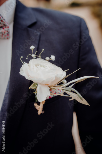bride and groom with wedding bouquet