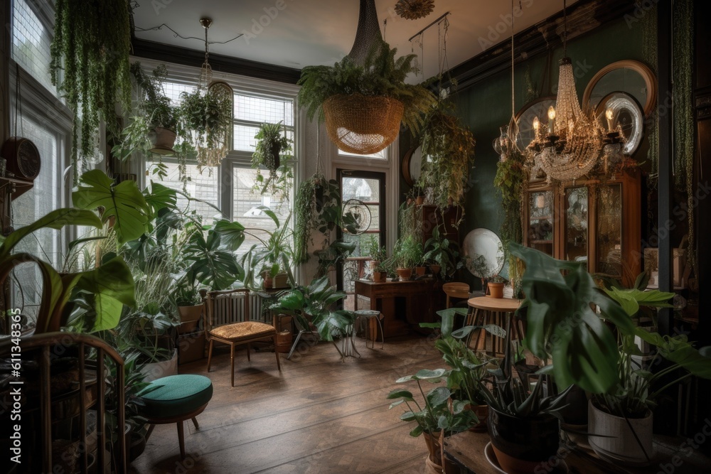 an eclectic interior with an array of indoor plants and greenery, created with generative ai