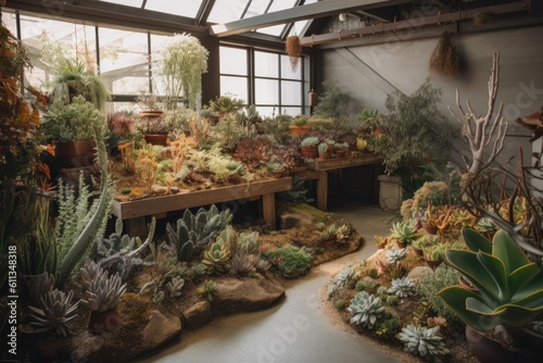 indoor garden with a variety of plants, including succulent and flowering specimens, created with generative ai