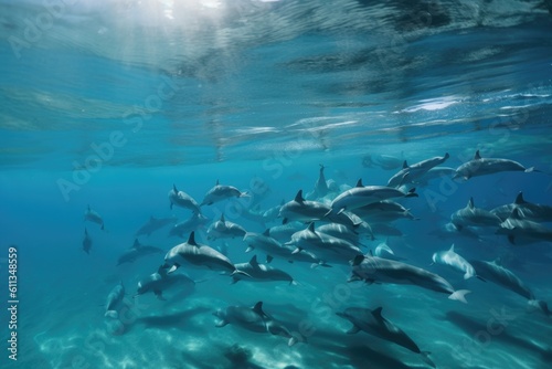 school of dolphins swimming in crystal-clear waters, created with generative ai