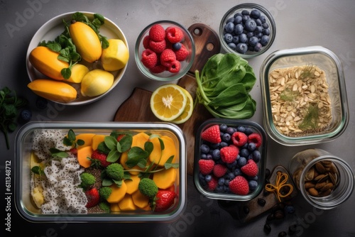 meal prep with delicious mix of fresh fruits, veggies, and lean proteins, created with generative ai