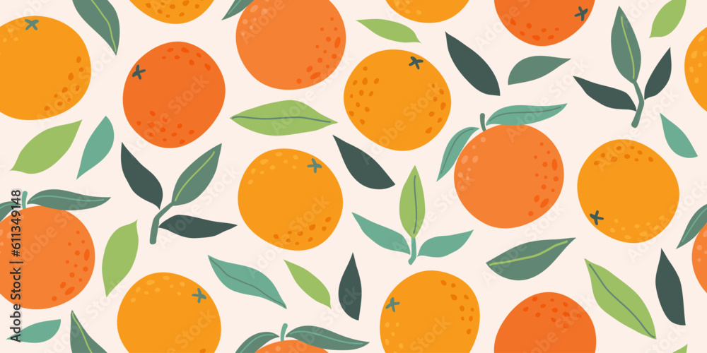 Seamless pattern with citrus fruits and green leaves. Summer background with oranges. Modern trendy design for paper, cover, fabric. Vector illustration.