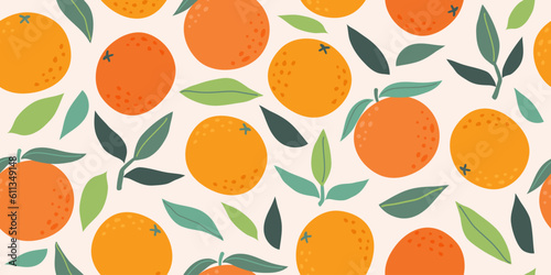 Seamless pattern with citrus fruits and green leaves. Summer background with oranges. Modern trendy design for paper, cover, fabric. Vector illustration.