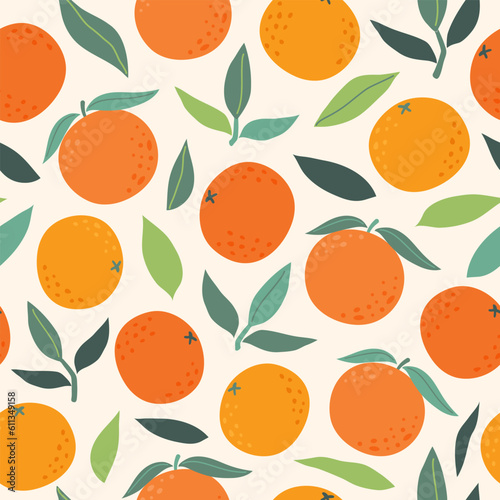 Seamless pattern with citrus fruits and green leaves. Summer background with oranges. Modern trendy design for paper, cover, fabric. Vector illustration.