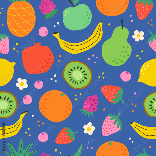 Vector fruits seamless pattern. Summer sweet food background. Hand draw texture, pomegranate, lemon, berries and tropical fruit, cute doodle drawing, bright fashion print. 