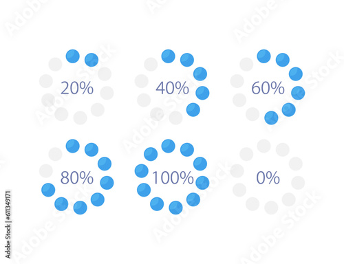 Circle dot infographic chart design template set. Progress completion variety. Task realization. Visual data presentation. Editable circular diagrams collection. Myriad Pro-Bold, Regular fonts used