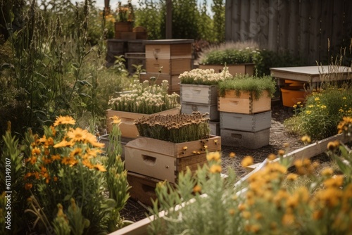 pollinator garden with honeycomb and beekeeping supplies visible, created with generative ai