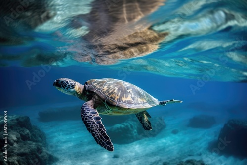 sea turtle swimming underwater, with its graceful movement and flippers in full view, created with generative ai