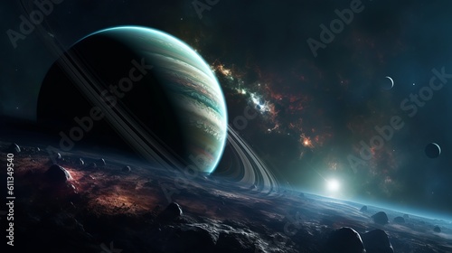 Explore the captivating realm of planets with ultra detail HD backgrounds that transport you to distant worlds. The scene reveals a panoramic view of a planetary system, Generative AI