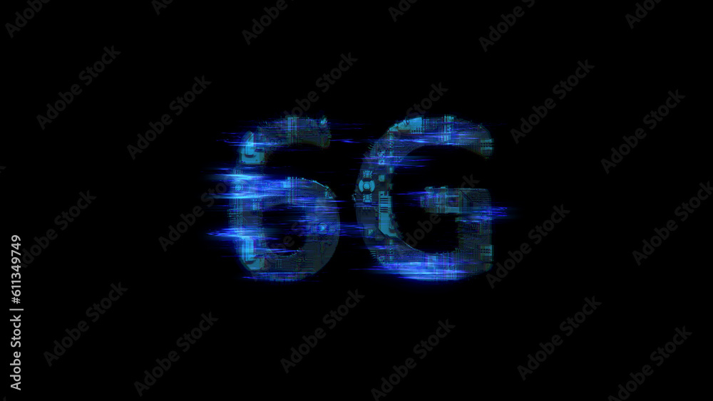 cybernetical electric light shining text 6G in glitch style, isolated - object 3D rendering