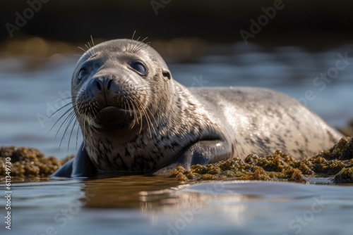 seal pup basking in the sun on serene and peaceful shore, created with generative ai