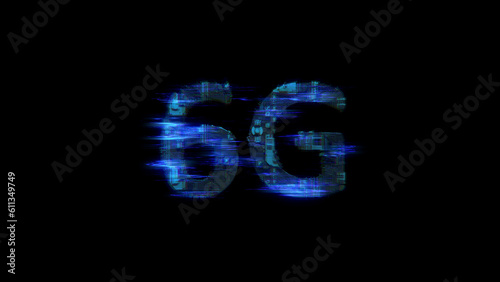 cybernetical electric light shining text 6G in glitch style, isolated - object 3D rendering