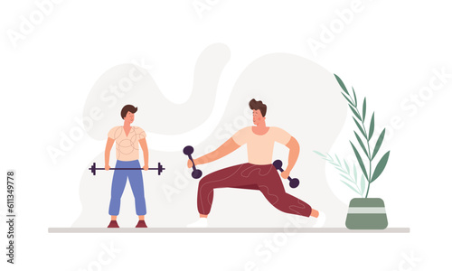 Cartoon father and son lift dumbbells. Regular physical activity. Time for fitness and yoga. Doing morning exercises. Healthy and active lifestyle. Vector