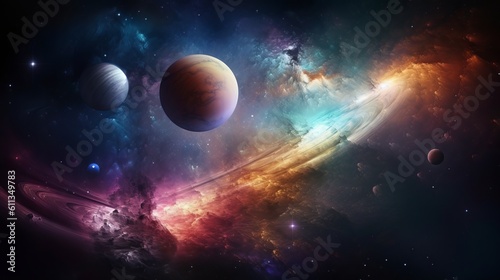 Explore the captivating realm of planets with ultra detail HD backgrounds that transport you to distant worlds. The scene reveals a panoramic view of a planetary system  Generative AI