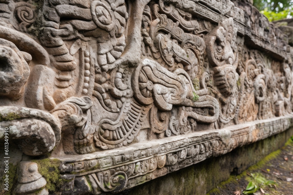 Obraz premium close-up of ancient stone carving, with intricate details visible, created with generative ai