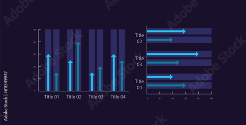 Grouped arrows infographic chart design template set for dark theme. Economic development. Visual data presentation. Editable bar graphs collection. Myriad Pro-Bold, Regular fonts used
