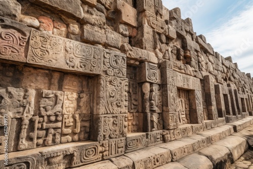 close-up of ancient ruin wall with intricate carvings, created with generative ai