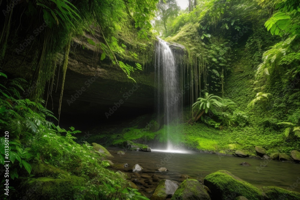 majestic waterfall cascading over cliff, surrounded by lush greenery, created with generative ai