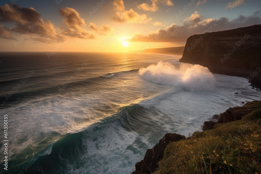 grand vista of sun setting over the ocean, with waves crashing against the cliff, created with generative ai grand vista of sun setting over the ocean, with waves crashing against the cliff, created with generative ai