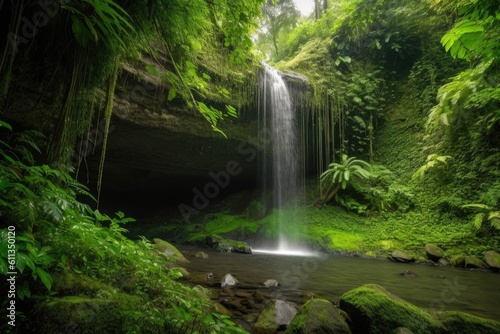majestic waterfall cascading over cliff  surrounded by lush greenery  created with generative ai