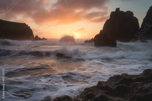 sunset over a rugged coast, with waves crashing against the rocks, created with generative ai