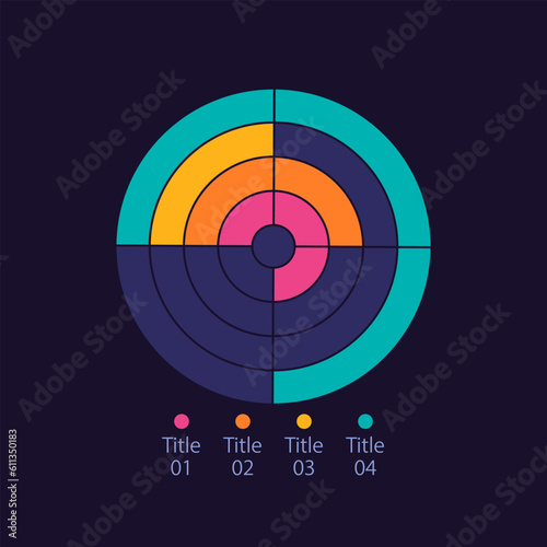 Concentric radial infographic chart design template for dark theme. Four categories. Editable infochart with rings and sectors. Visual data presentation. Myriad Pro-Bold, Regular fonts used