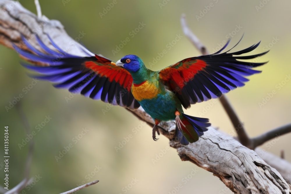 Fototapeta premium colorful bird swoops in for dramatic landing on tree branch, created with generative ai