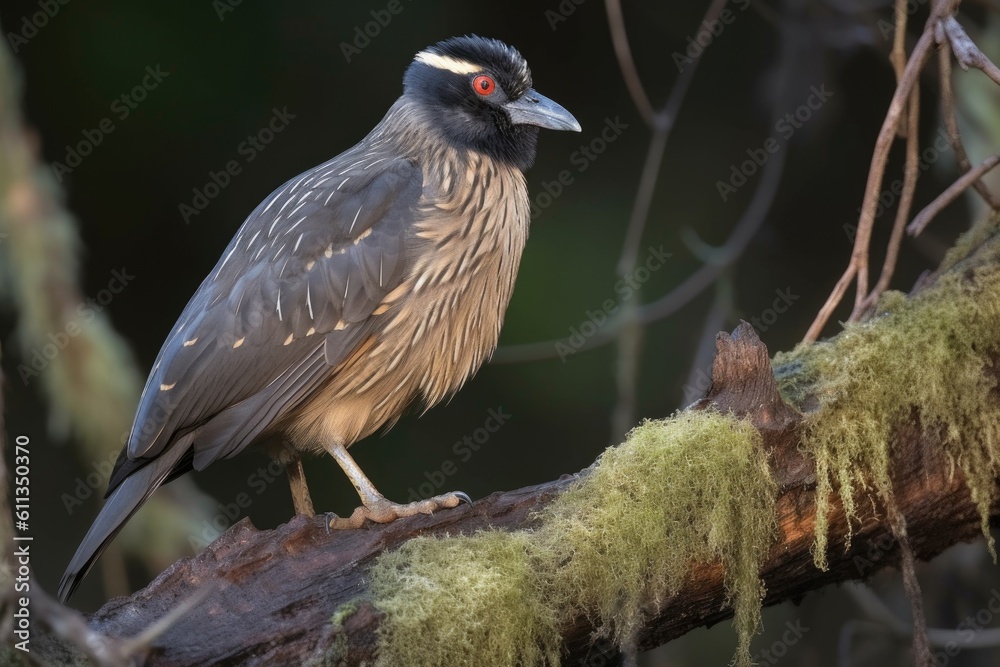 Fototapeta premium yellow-crowned night heron perched on tree branch, watchful eyes, created with generative ai