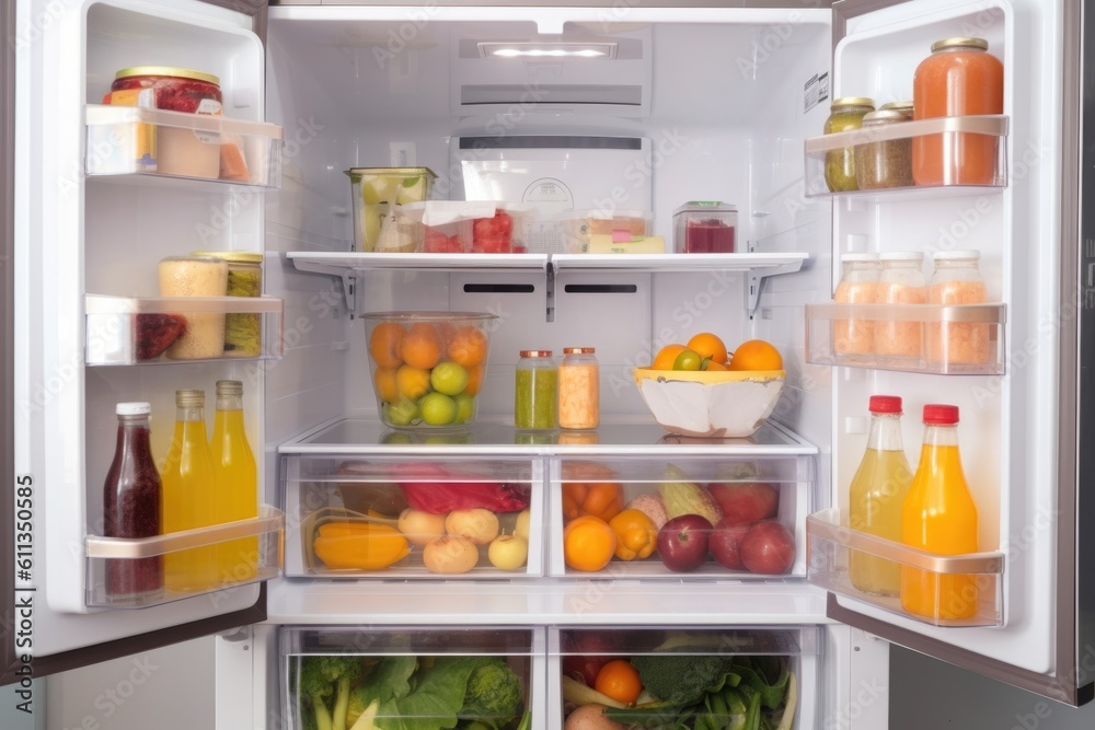 energy-efficient refrigerator, with its door left open, to show the well-organized interior, created with generative ai energy-efficient refrigerator, with its door left open, to show the well-organized interior, created with generative ai