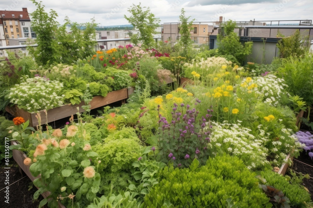 green rooftop garden, with blooming flowers and herbs, created with generative ai green rooftop garden, with blooming flowers and herbs, created with generative ai