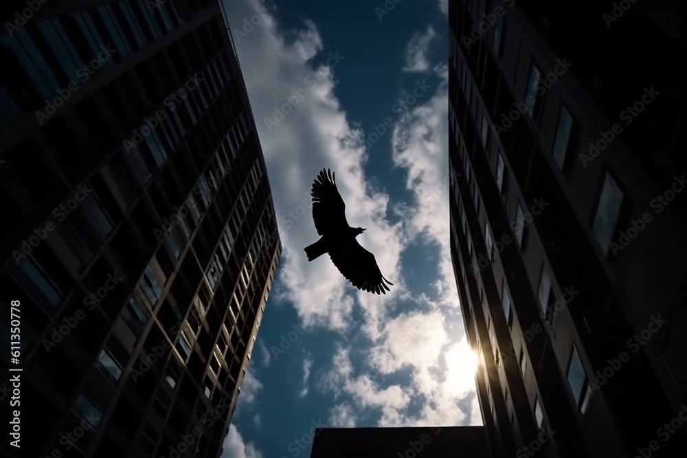 Generative AI of bird silhouette flying between skyscrapers, in urban area. Birds, buildings, cities, blue sky, clouds. Generative AI of bird silhouette flying between skyscrapers, in urban area. Birds, buildings, cities, blue sky, clouds.