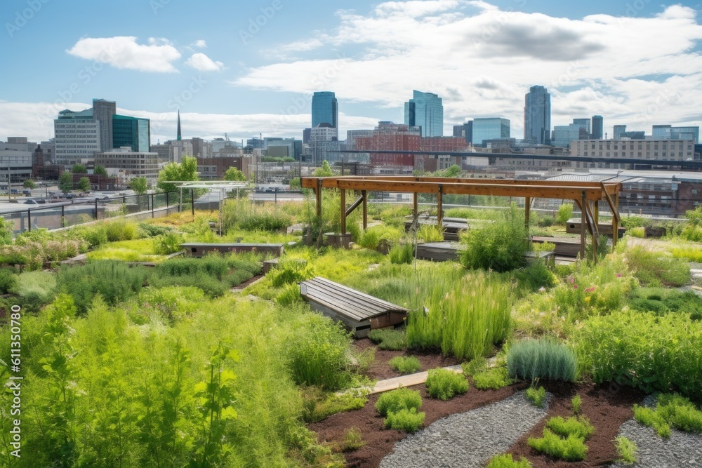 green rooftop garden, with view of the city skyline, created with generative ai