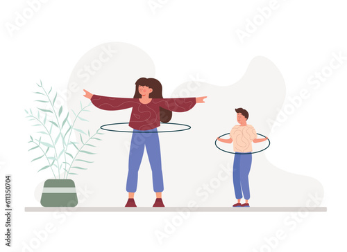 Cartoon people spinning hula hoops. Time for sports. Doing morning exercises. Healthy and active lifestyle. Vector flat style illustration on white background