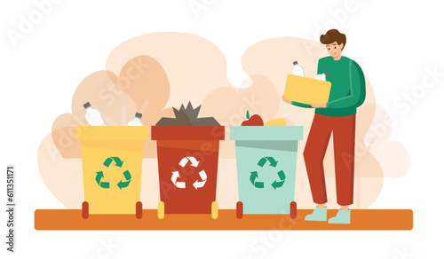 Cartoon guy sorts trash into different bins. Living in eco green city. Social charity activities. Planting trees and sorting garbage. Vector flat style illustration