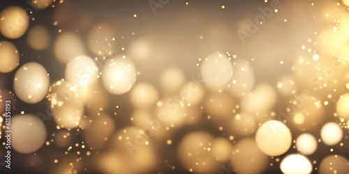 Gold bokeh effect festive background. Shiny golden glitter  lights and sparkling magic particles. Elegant abstract Merry Christmas and Happy New Year empty backdrop