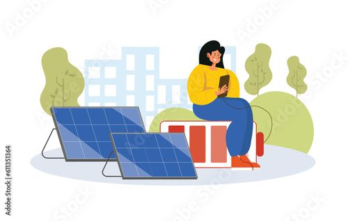 Smiling girl charges her phone through energy from solar panels. Ecological power generation. Environment conservation resource. Usage of green energy. Vector