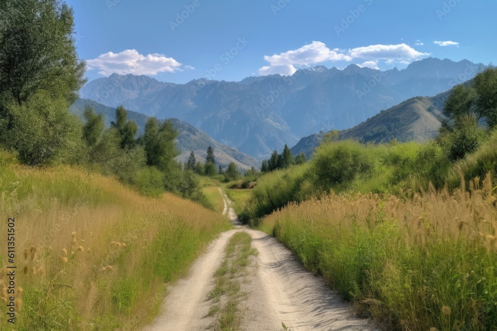 nature trail, with view of the mountains in the distance, on scenic road trip, created with generative ai