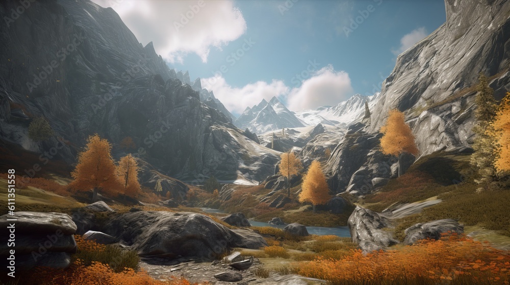 Immerse in the Majestic HD Mountain Landscape: Capturing Intricate Details and Vibrant Colors for a Truly Immersive Visual Experience, landscape in autumn, Generative AI