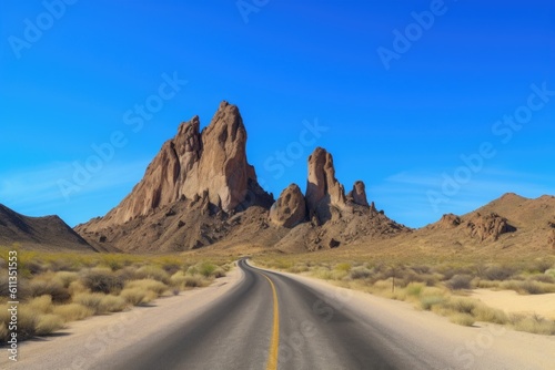 scenic road trip through the desert, with towering rock formations and clear blue skies, created with generative ai