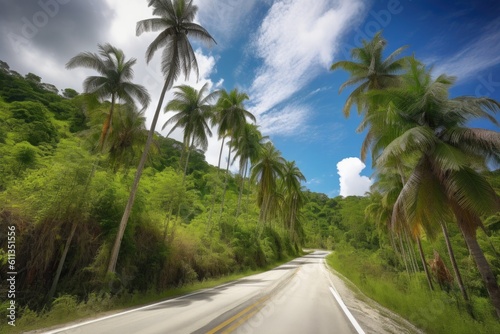 scenic road trip through a tropical paradise, with palm trees and blue skies, created with generative ai