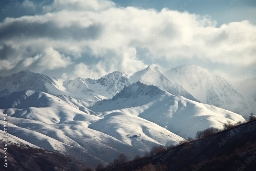 Obraz premium majestic mountain range, with peaks covered in fresh snow and clouds, created with generative ai