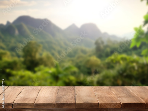 Empty rustic table in front of countryside background. product display and picnic concept. created with Generative AI. © AMK 