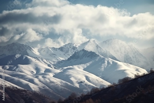 majestic mountain range, with peaks covered in fresh snow and clouds, created with generative ai